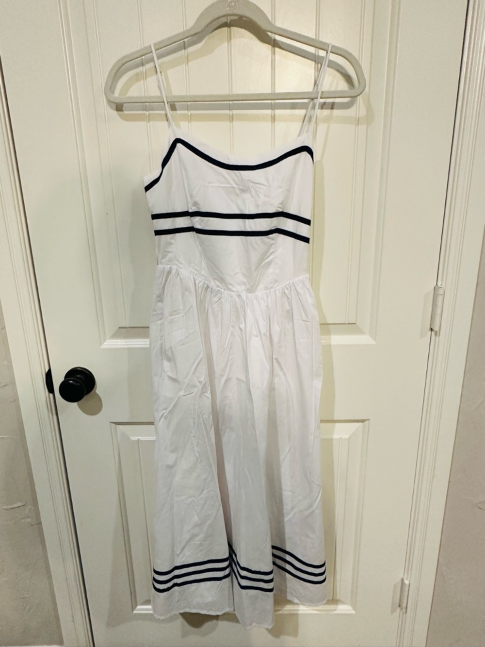 White Spaghetti Strap Midi Dress with Navy Trim